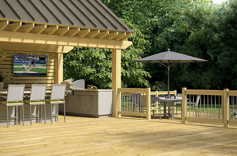 ProWood Color Treated deck and railing with outdoor entertaining space