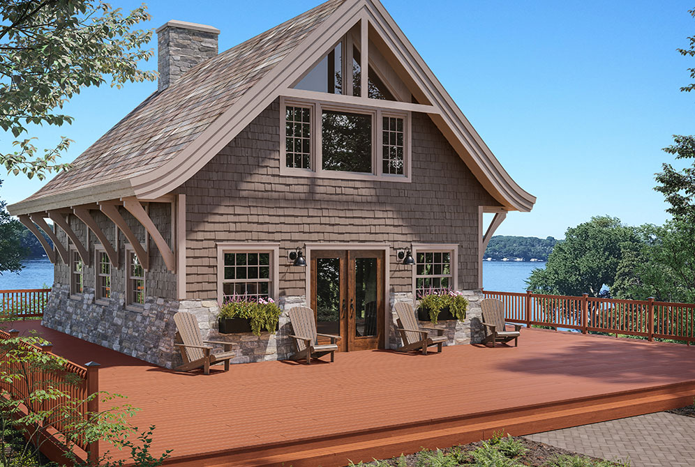 Cottage with Ground Level Deck Made With Redwood Tone ProWood Pressure-Treated Wood