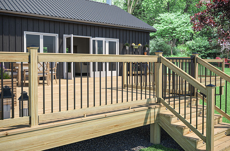 Deck and railing made of ProWood pressure-treated wood with black metal balusters