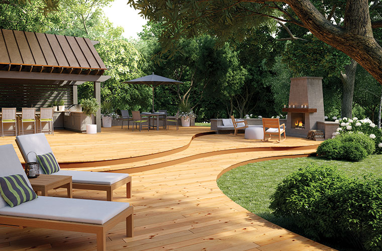 Ground level curved decking made of ProWood pressure-treated wood