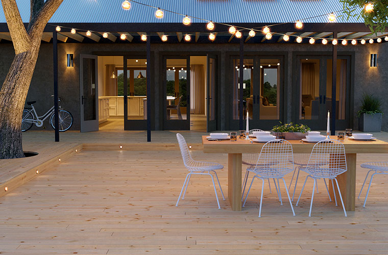 ProWood pressure-treated wood deck and entertaining space with string lights