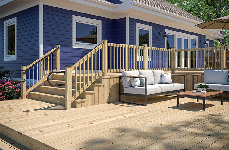 ProWood 6-foot pre-assembled pressure-treated wood railing on a multi-level deck